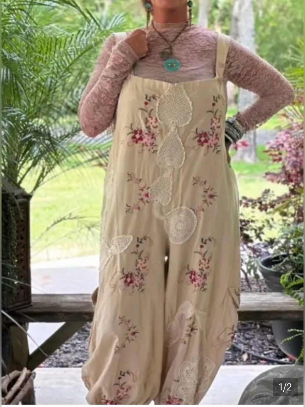 Jaded Gypsy Trellis Views Embroidered Cream Overalls with Crochet Appliqué S/M